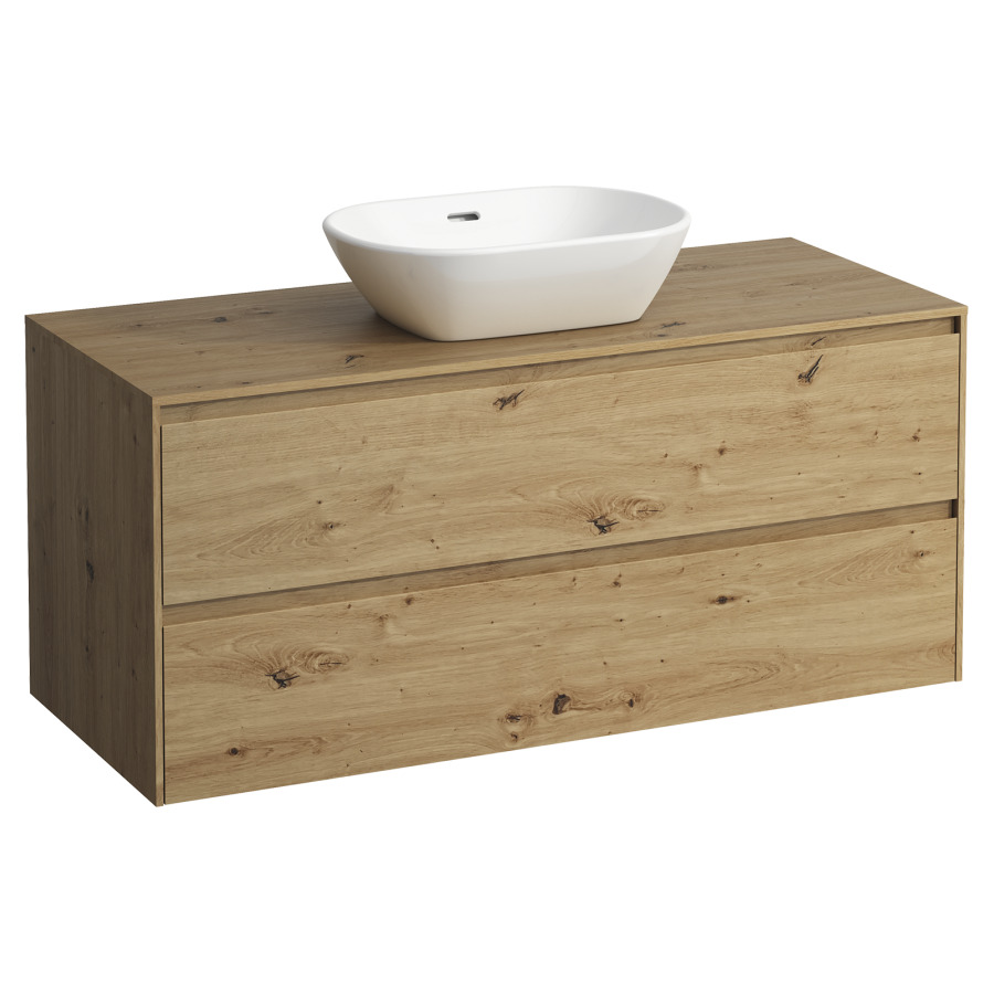Meubles de lavabo LANI
118,5 x 52,5 x 49,5 cm
Top 12 mm
pour lavabo à poser découpe au
centre, élément à 2 tiroirs