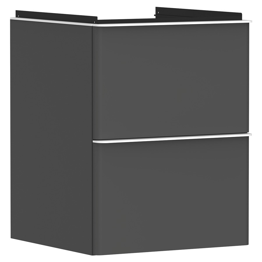 Élément inférieur XELU Q
48,0 x 60,5 x 47,5 cm
suspendu, élément à 2 tiroirs
siphon gain de place inclus
avec matériel de fixation
pour lave-mains 234 322