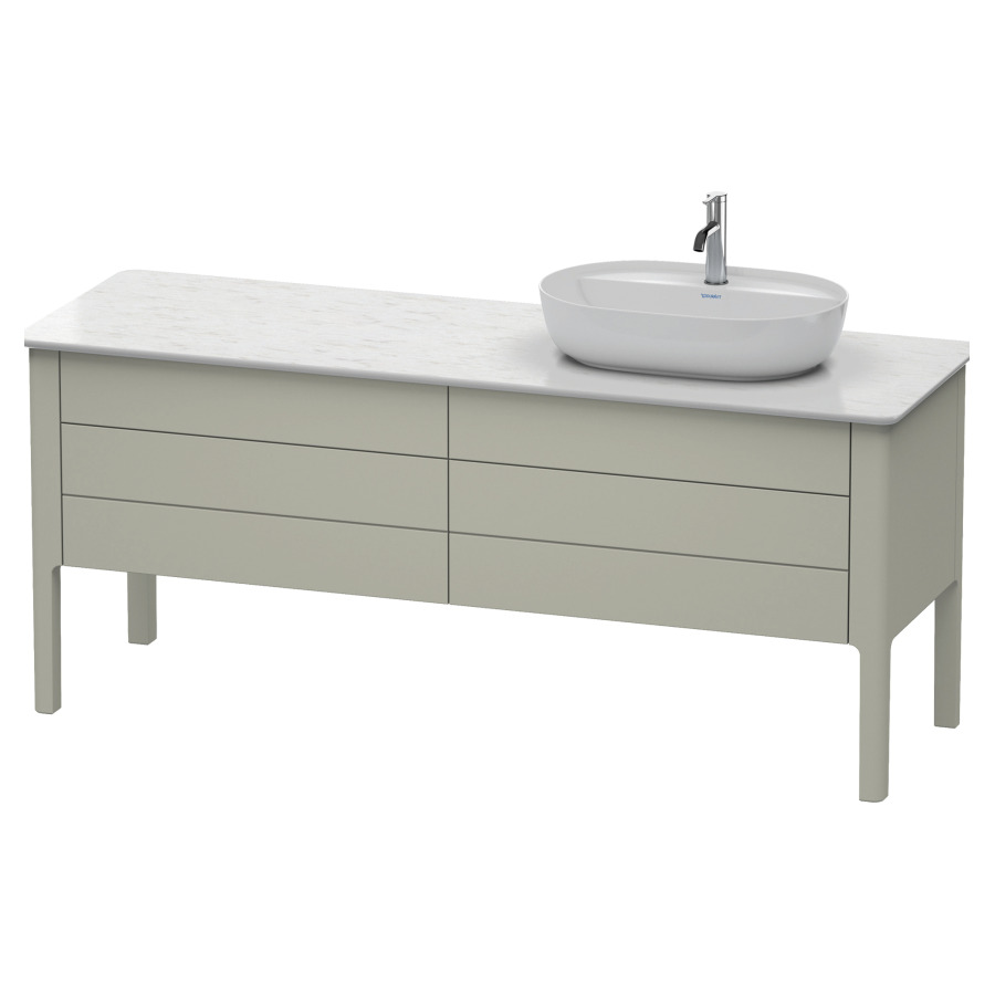 Élément inférieur LUV
173,3 x 74,3 x 57,0 cm
pose libre, 2 éléments à
chacun 1 tiroir et 1 casier
coulissant, lavabo à droite