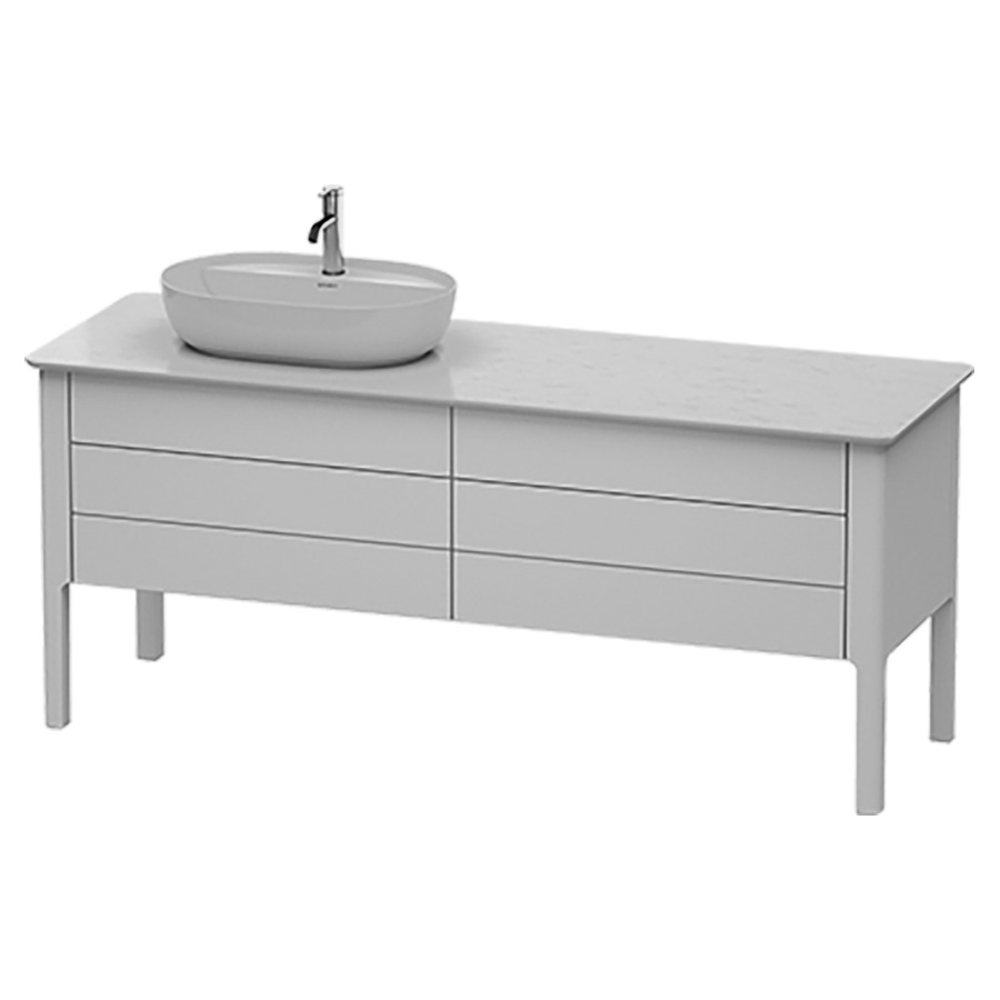 Élément inférieur LUV
173,3 x 74,3 x 57,0 cm
pose libre, 2 éléments à
chacun 1 tiroir et 1 casier
coulissant, lavabo à droite