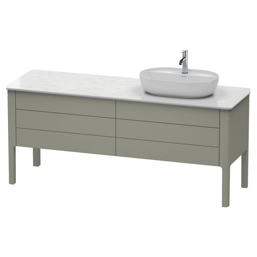 Élément inférieur LUV
173,3 x 74,3 x 57,0 cm
pose libre, 2 éléments à
chacun 1 tiroir et 1 casier
coulissant, lavabo à droite