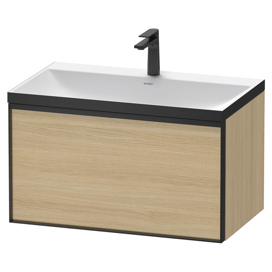 Combinaison de meuble VITRIUM
80 x 48,1 x 47,9 cm
élément à 1 tiroir
1 tiroir intérieur, avec
lavabo fonte minérale DuroCast
sans trop-plein, 1 trou de
robinetterie, avec siphon gain
de place et vidage, avec
éclairage intérieur
l'éclairage intérieur ne peut
être commandé que par le
miroir/l'armoire de toilette
dans la version "commande par
capteur de l'éclairage
intérieur"