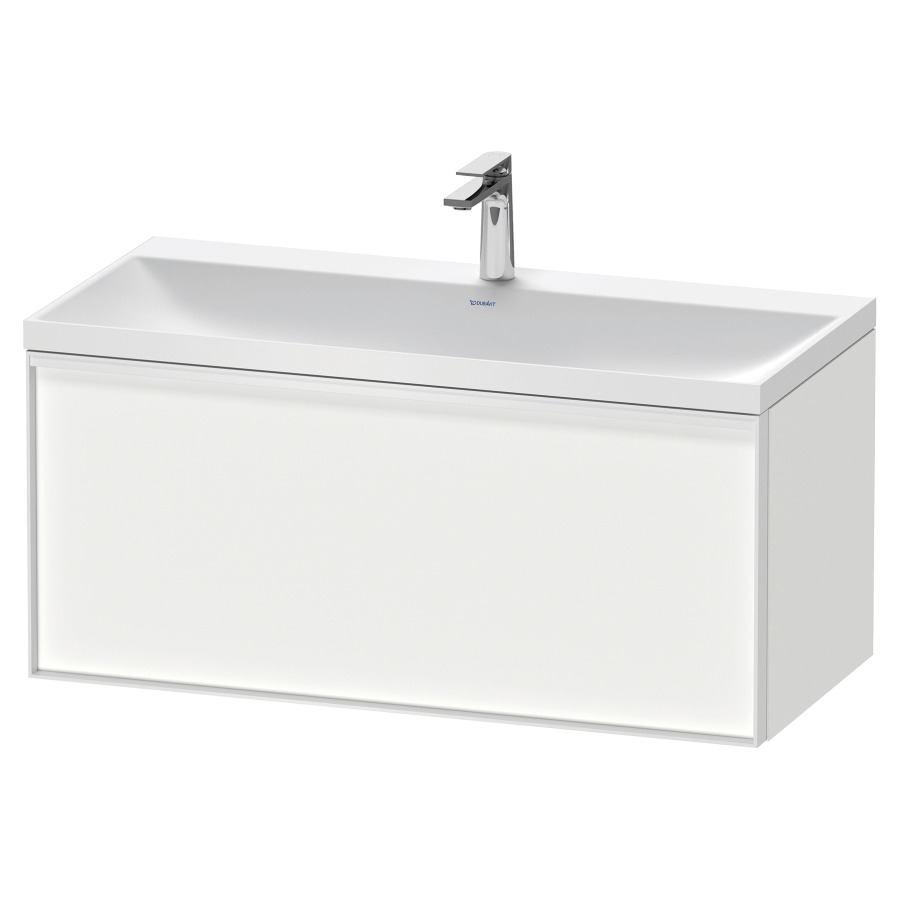 Combinaison de meuble VITRIUM
100 x 48,1 x 47,9 cm
élément à 1 tiroir
1 tiroir intérieur, avec
lavabo fonte minérale DuroCast
sans trop-plein, 1 trou de
robinetterie, avec siphon gain
de place et vidage, avec
éclairage intérieur
l'éclairage intérieur ne peut
être commandé que par le
miroir/l'armoire de toilette
dans la version "commande par
capteur de l'éclairage
intérieur"