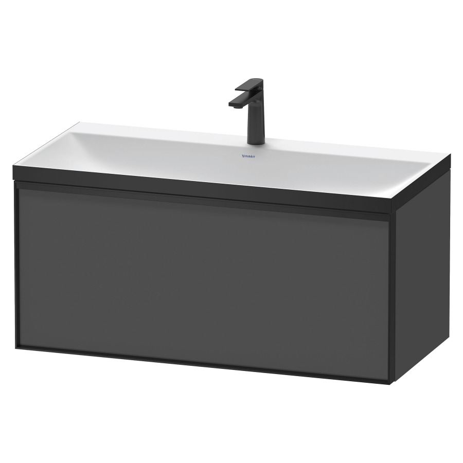 Combinaison de meuble VITRIUM
100 x 48,1 x 47,9 cm
élément à 1 tiroir
1 tiroir intérieur, avec
lavabo fonte minérale DuroCast
sans trop-plein, 1 trou de
robinetterie, avec siphon gain
de place et vidage, avec
éclairage intérieur
l'éclairage intérieur ne peut
être commandé que par le
miroir/l'armoire de toilette
dans la version "commande par
capteur de l'éclairage
intérieur"