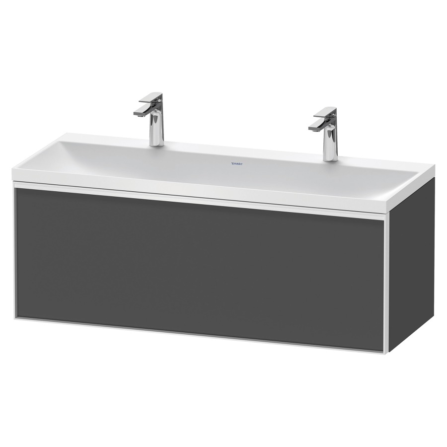 Combinaison de meuble VITRIUM
120 x 48,1 x 47,9 cm
élément à 1 tiroir
1 tiroir intérieur, avec
lavabo fonte minérale DuroCast
sans trop-plein, 2 trous de
robinetterie, avec siphon gain
de place et vidage