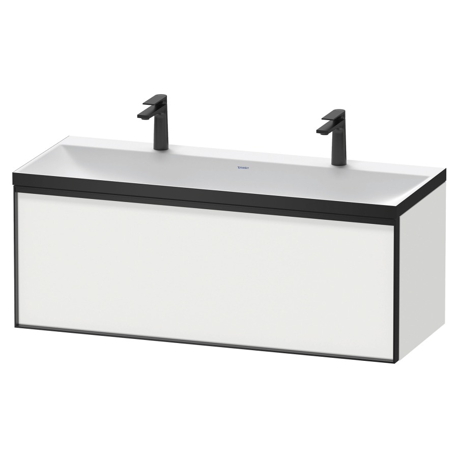 Combinaison de meuble VITRIUM
120 x 48,1 x 47,9 cm
élément à 1 tiroir
1 tiroir intérieur, avec
lavabo fonte minérale DuroCast
sans trop-plein, 2 trous de
robinetterie, avec siphon gain
de place et vidage, avec
éclairage intérieur
l'éclairage intérieur ne peut
être commandé que par le
miroir/l'armoire de toilette
dans la version "commande par
capteur de l'éclairage
intérieur"