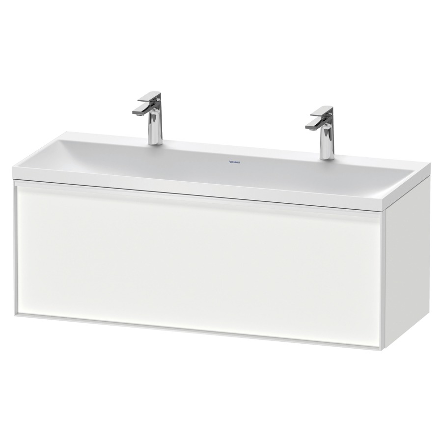 Combinaison de meuble VITRIUM
120 x 48,1 x 47,9 cm
élément à 1 tiroir
1 tiroir intérieur, avec
lavabo fonte minérale DuroCast
sans trop-plein, 2 trous de
robinetterie, avec siphon gain
de place et vidage, avec
éclairage intérieur
l'éclairage intérieur ne peut
être commandé que par le
miroir/l'armoire de toilette
dans la version "commande par
capteur de l'éclairage
intérieur"
