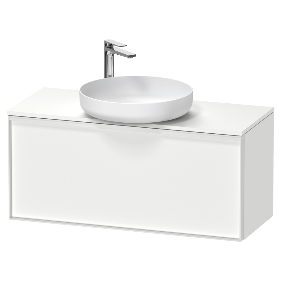 Élément inférieur VITRIUM
100 x 45,9 x 42 cm
élément à 1 tiroir, 1 tiroir
intérieur, pour lavabo à poser
avec éclairage intérieur
l'éclairage intérieur ne peut
être commandé que par le
miroir/l'armoire de toilette
dans la version "commande par
capteur de l'éclairage
intérieur"