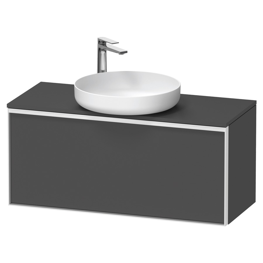Élément inférieur VITRIUM
100 x 45,9 x 42 cm
élément à 1 tiroir, 1 tiroir
intérieur, pour lavabo à poser
avec éclairage intérieur
l'éclairage intérieur ne peut
être commandé que par le
miroir/l'armoire de toilette
dans la version "commande par
capteur de l'éclairage
intérieur"