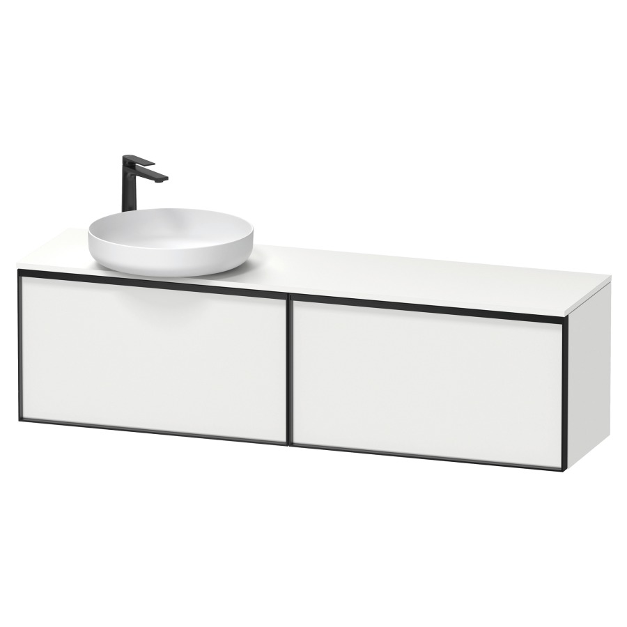 Élément inférieur VITRIUM
160 x 45,9 x 42 cm
2 éléments à chacun 1 tiroir
2 tiroirs intérieur
pour lavabo à poser à gauche
avec éclairage intérieur
l'éclairage intérieur ne peut
être commandé que par le
miroir/l'armoire de toilette
dans la version "commande par
capteur de l'éclairage
intérieur"