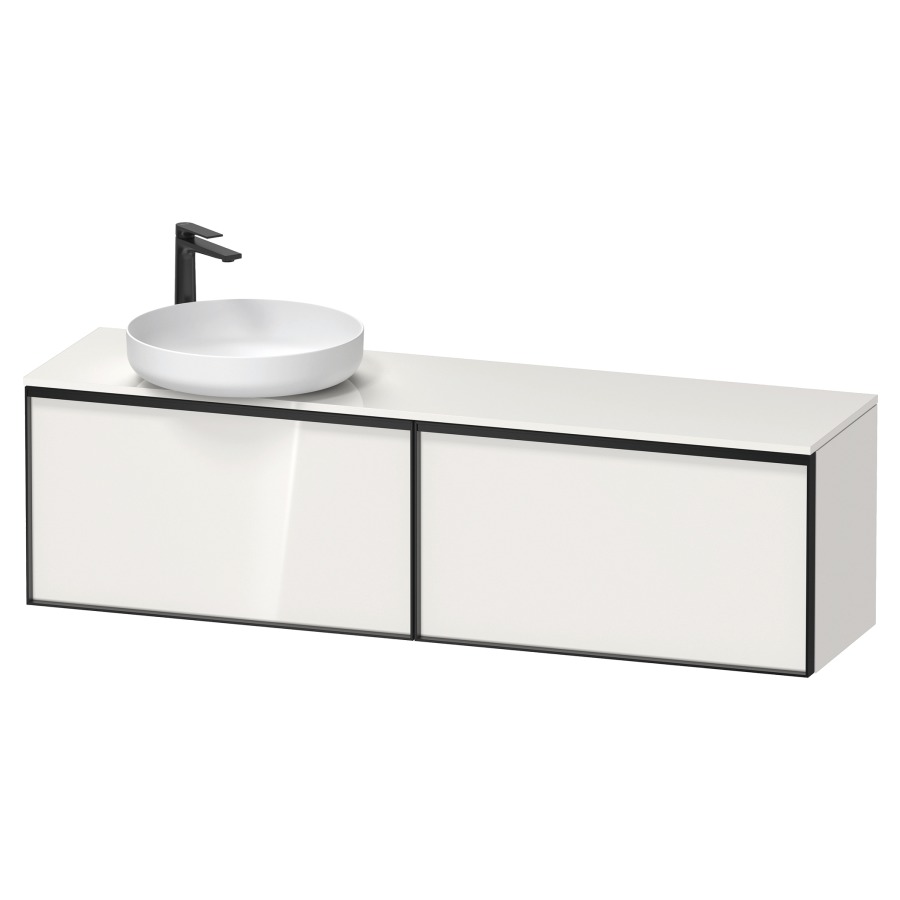 Élément inférieur VITRIUM
160 x 45,9 x 42 cm
2 éléments à chacun 1 tiroir
2 tiroirs intérieur
pour lavabo à poser à gauche
avec éclairage intérieur
l'éclairage intérieur ne peut
être commandé que par le
miroir/l'armoire de toilette
dans la version "commande par
capteur de l'éclairage
intérieur"