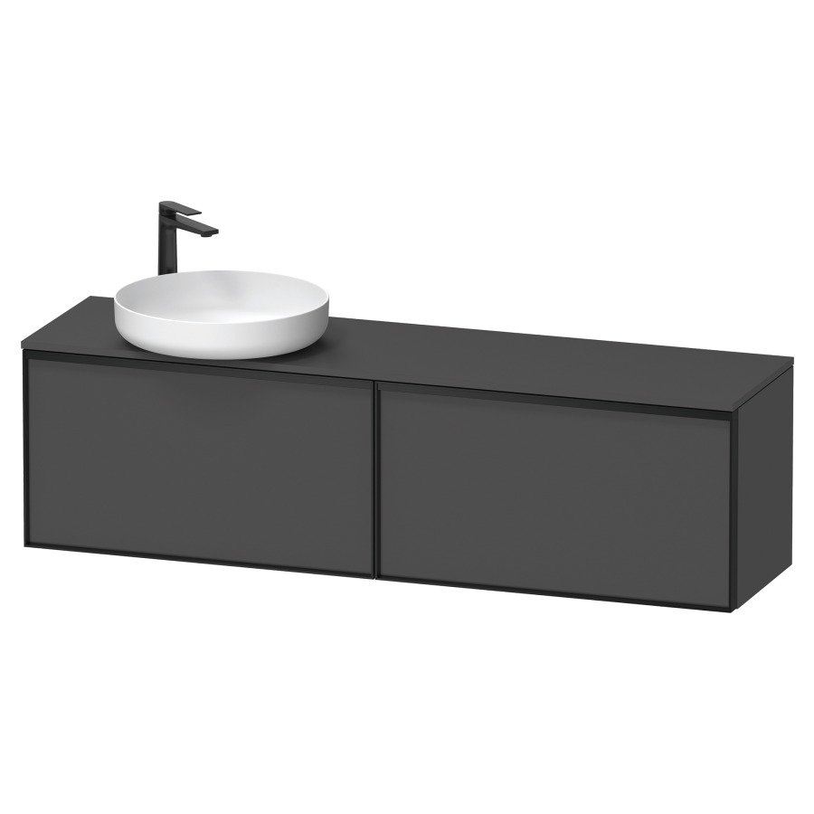 Élément inférieur VITRIUM
160 x 45,9 x 42 cm
2 éléments à chacun 1 tiroir
2 tiroirs intérieur
pour lavabo à poser à gauche
avec éclairage intérieur
l'éclairage intérieur ne peut
être commandé que par le
miroir/l'armoire de toilette
dans la version "commande par
capteur de l'éclairage
intérieur"