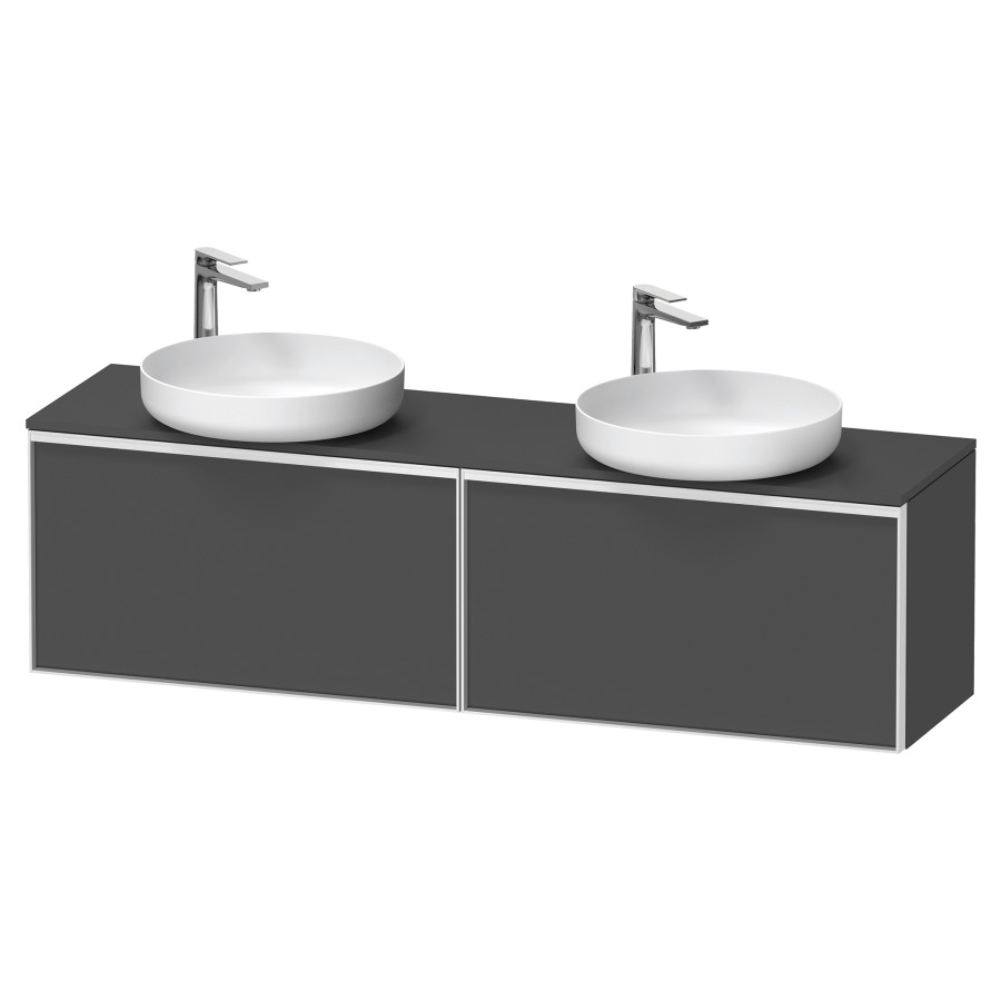 Élément inférieur VITRIUM
160 x 45,9 x 42 cm
2 éléments à chacun 1 tiroir
2 tiroirs intérieur
pour lavabo à poser double
avec éclairage intérieur
l'éclairage intérieur ne peut
être commandé que par le
miroir/l'armoire de toilette
dans la version "commande par
capteur de l'éclairage
intérieur"