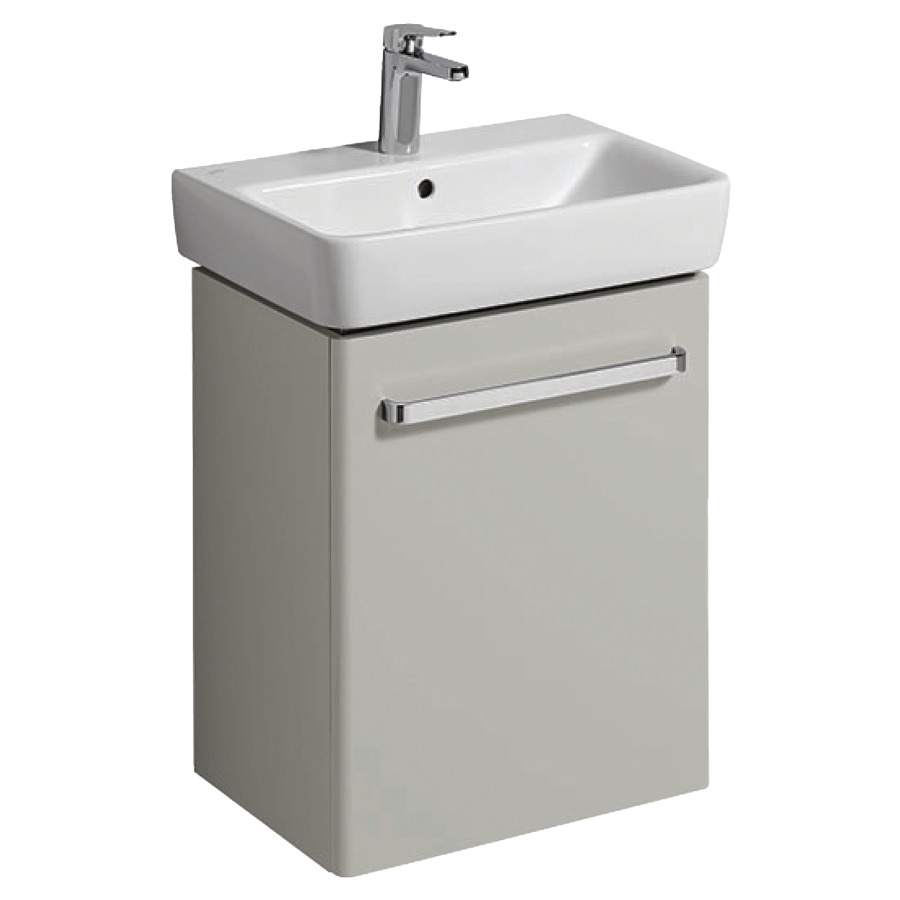 Élément inférieur RENOVA
COMPACT
50,0 x 60,4 x 33,7 cm
armoire de tablette, 1 porte
charnières à droite où à
gauche
Corps: gris clair mat
Front:gris clair ultrabrillant
pour lavabo 211 600