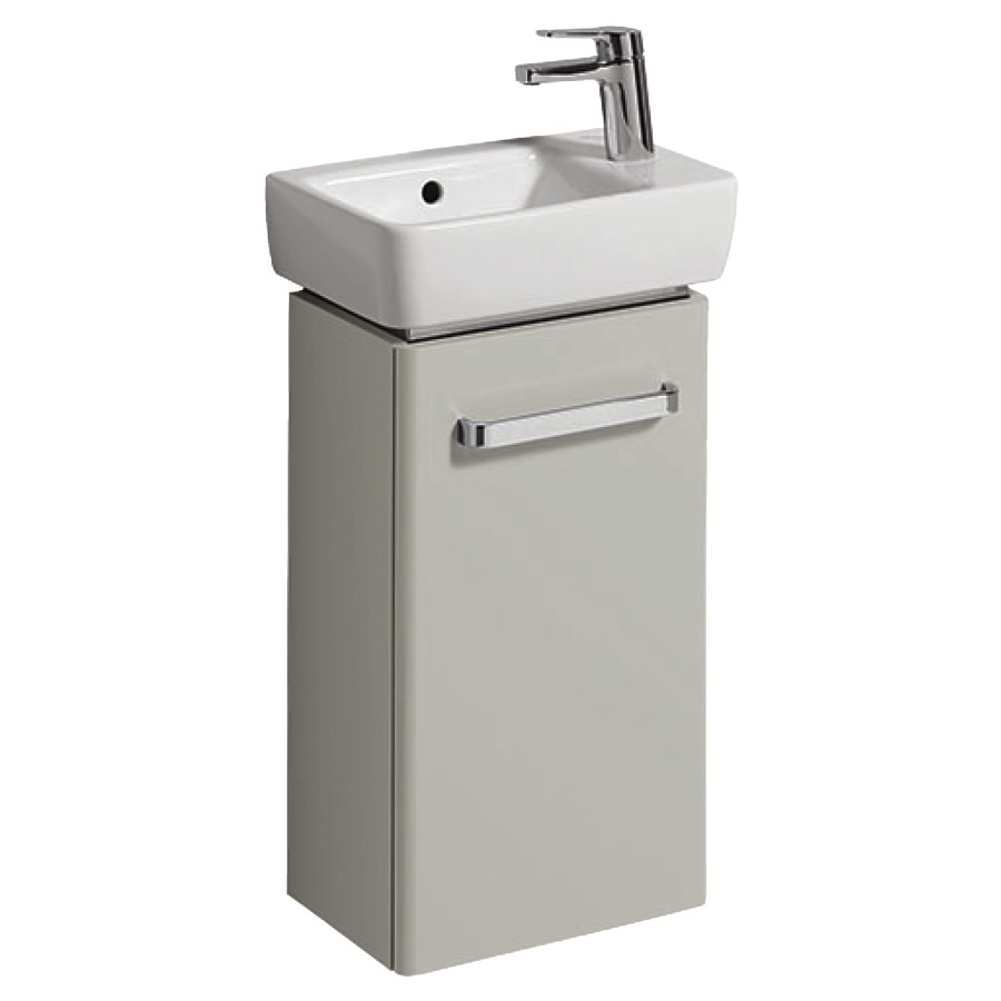 Élément inférieur RENOVA
COMPACT
34,8 x 60,4 x 22,2 cm
armoire de tablette, 1 porte
charnières à droite où à
gauche
Corps: gris clair mat
Front:gris clair ultrabrillant
pour lave-mains 221 236/237