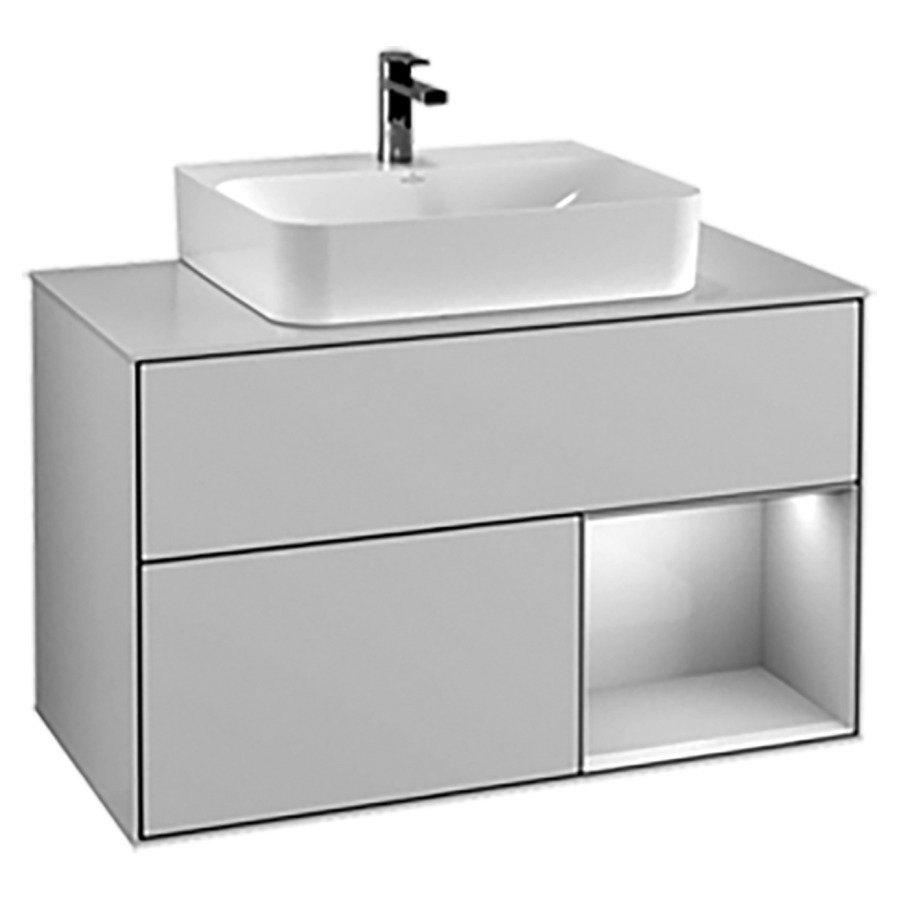 Élément inférieur FINION
100,0 x 59,1 x 50,1 cm
pour lavabo Finion 212 517
/518/519/523/524/525
élément à 2 tiroirs
1 niche ouverte à droite
recouvrement noir, éclairage
LED, function Emotion