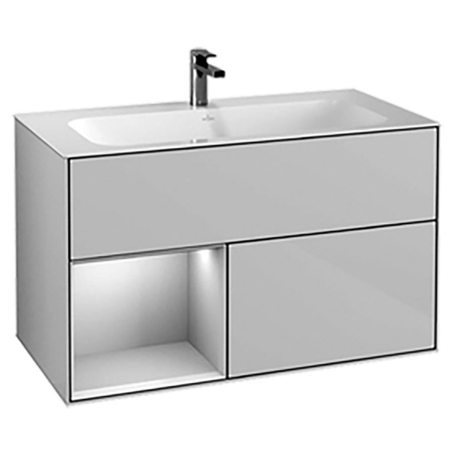 Élément inférieur FINION
99,6 x 59,1 x 49,8 cm
pour lavabo Finion 212 541
/542/543, élément à 2 tiroirs
1 niche ouverte à gauche
éclairage LED
function Emotion