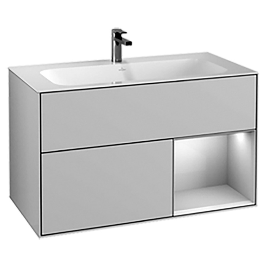 Élément inférieur FINION
99,6 x 59,1 x 49,8 cm
pour lavabo Finion 212 541
/542/543, élément à 2 tiroirs
1 niche ouverte à droite
éclairage LED
function Emotion