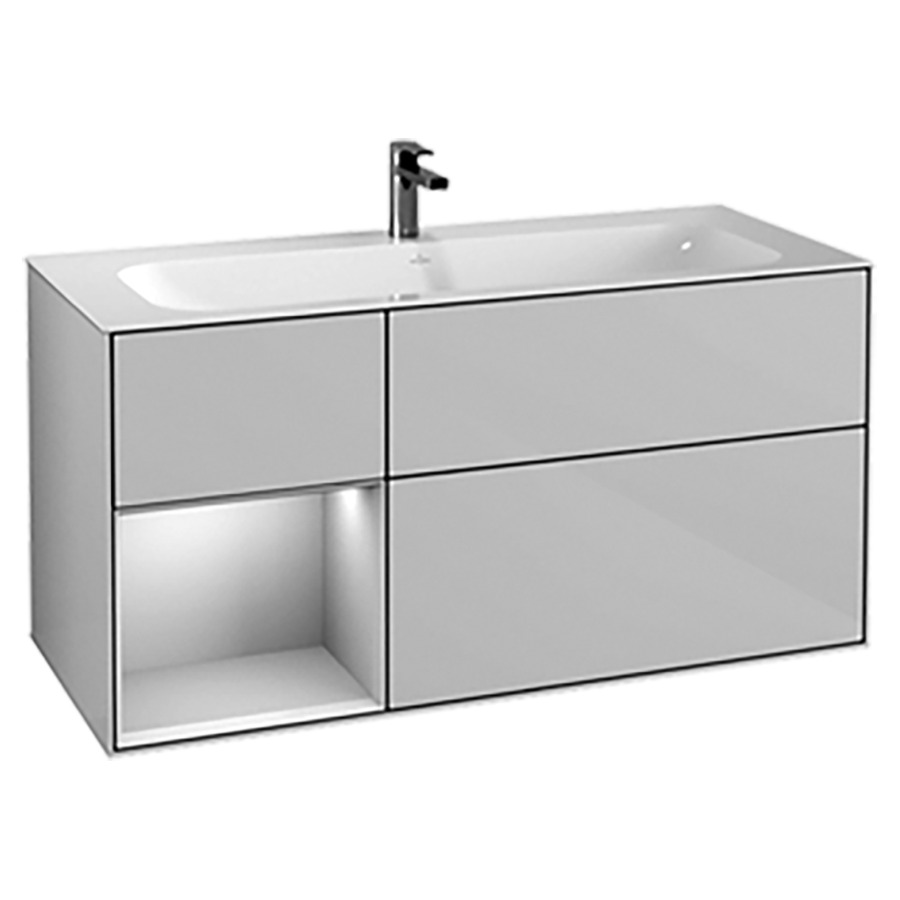 Élément inférieur FINION
119,6 x 59,1 x 49,8 cm
pour lavabo Finion 212 544
/545/546, 2 éléments
1x 2 tiroirs, 1x 1 tiroir
et 1 niche ouverte à gauche