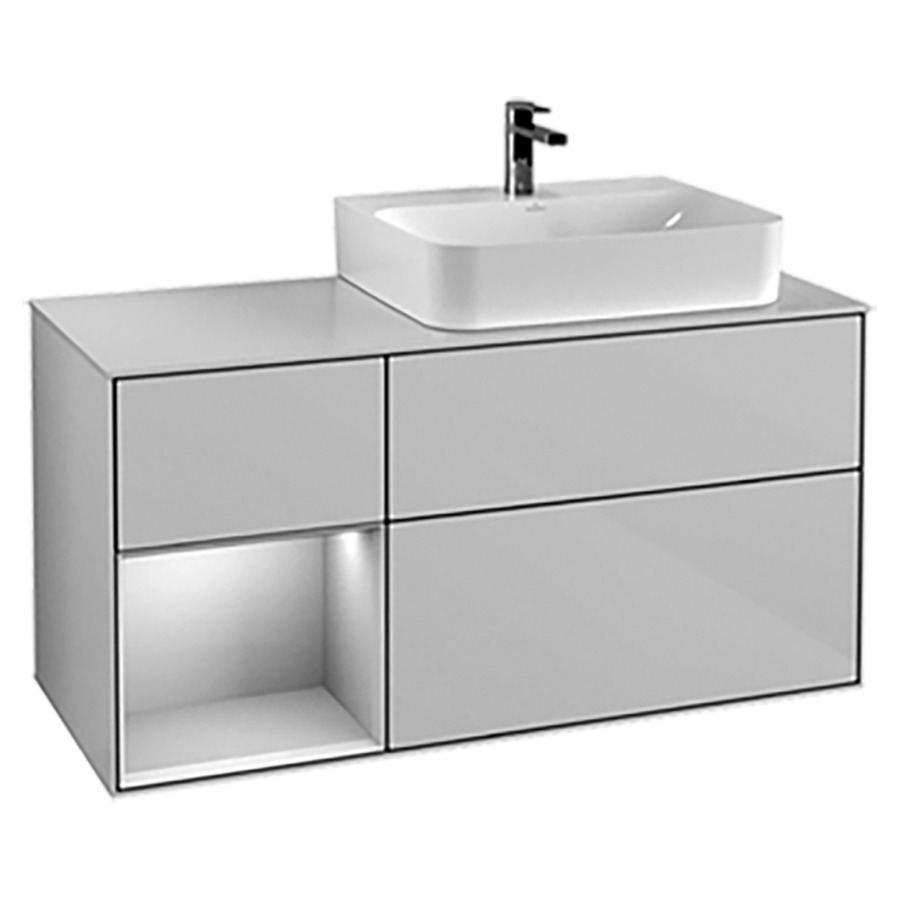 Élément inférieur FINION
120,0 x 60,3 x 50,1 cm
lavabo à droite, pour lavabo
Finion 212 517/518/519
2 éléments, 1x 2 tiroirs
1x 1 tiroir et niche ouverte à
gauche, recouvrement blanc
éclairage LED
function Emotion