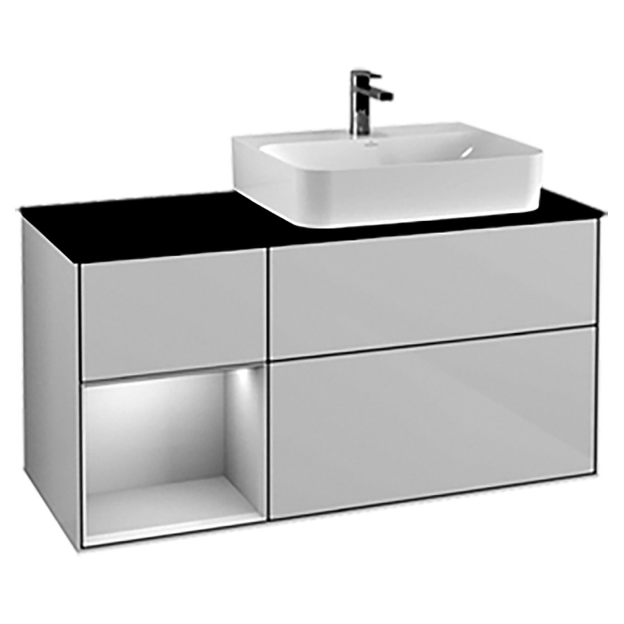 Élément inférieur FINION
120,0 x 60,3 x 50,1 cm
lavabo à droite, pour lavabo
Finion 212 517/518/519
2 éléments, 1x 2 tiroirs
1x 1 tiroir et 1 niche ouverte
à gauche, recouvrement noir
éclairage LED
function Emotion