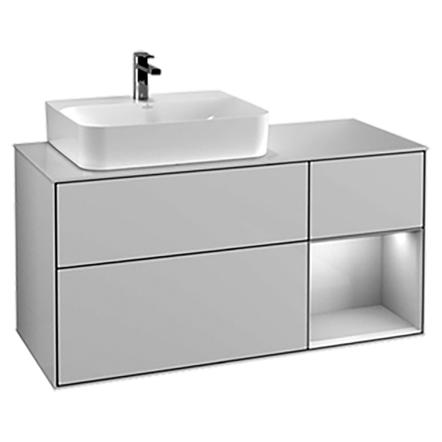 Élément inférieur FINION
120,0 x 60,3 x 50,1 cm
lavabo à gauche, pour lavabo
Finion 212 517/518/519
2 éléments, 1x 2 tiroirs
1x 1 tiroir et 1 niche ouverte
à droite, recouvrement blanc
éclairage LED