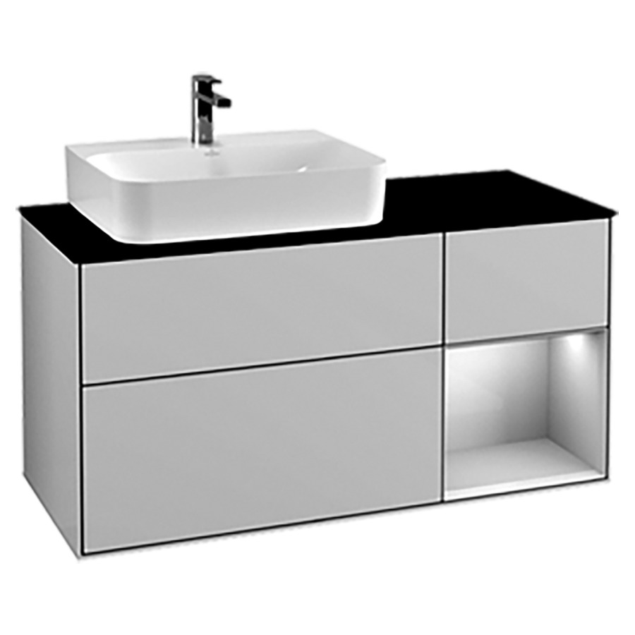 Élément inférieur FINION
120,0 x 60,3 x 50,1 cm
lavabo à gauche, pour lavabo
Finion 212 517/518/519
2 éléments, 1x 2 tiroirs
1x 1 tiroir et 1 niche ouverte
à droite, recouvrement noir
éclairage LED
function Emotion