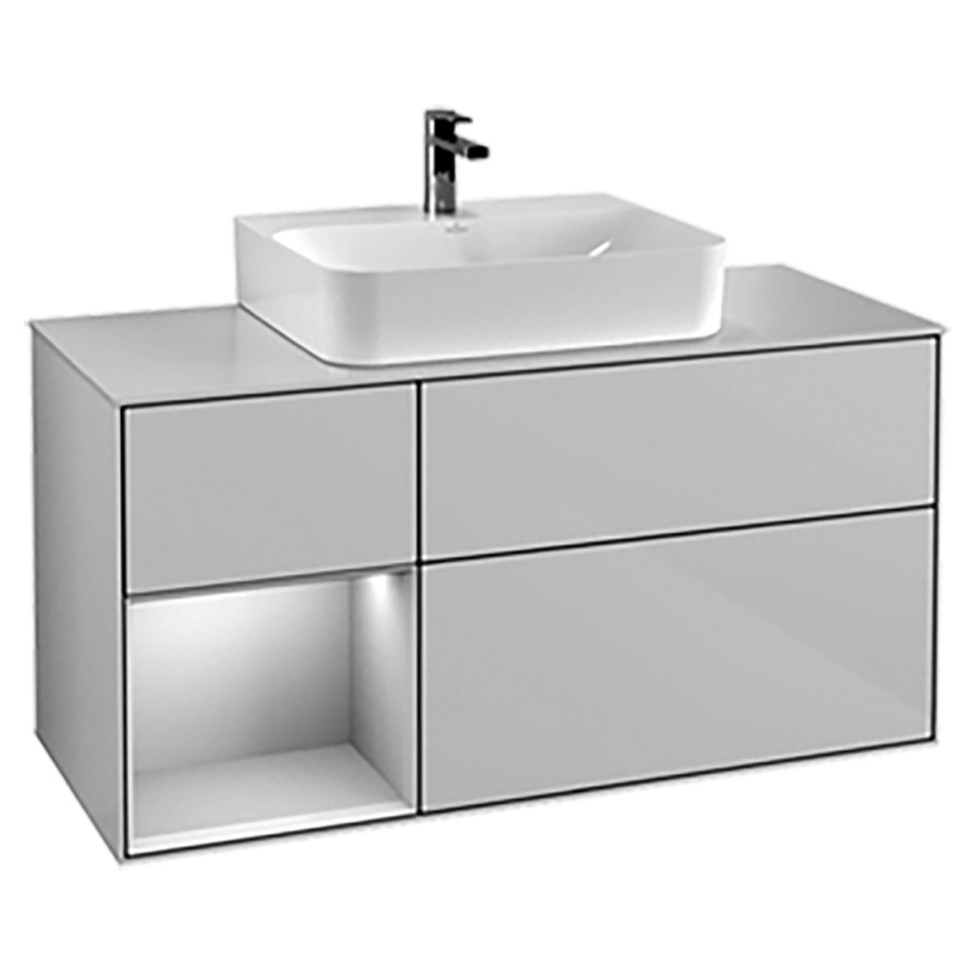 Élément inférieur FINION
120,0 x 60,3 x 50,1 cm
pour lavabo Finion 212 517/518
/519/523/524/525/527/530/531
2 éléments, 1x 2 tiroirs
1x 1 tiroir et niche ouverte à
gauche, recouvrement blanc
éclairage LED