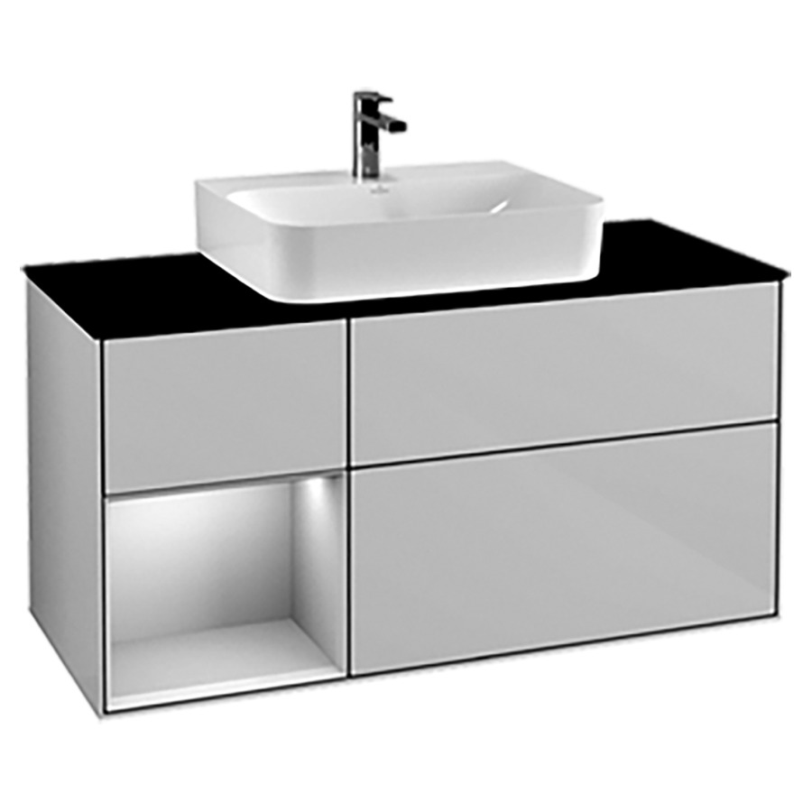 Élément inférieur FINION
120,0 x 60,3 x 50,1 cm
pour lavabo Finion 212 517/518
/519/523/524/525/527/530/531
2 éléments, 1x 2 tiroirs
1x 1 tiroir et niche ouverte à
gauche, recouvrement noir
éclairage LED