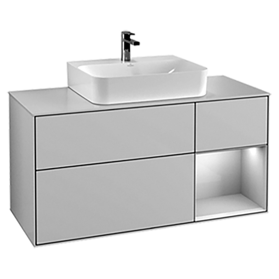 Élément inférieur FINION
120,0 x 60,3 x 50,1 cm
pour lavabo Finion 212 517/518
/519/523/524/525/527/530/531
2 éléments, 1x 2 tiroirs
1x 1 tiroir et niche ouverte à
droite, recouvrement blanc
éclairage LED