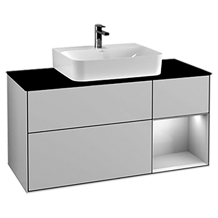 Élément inférieur FINION
120,0 x 60,3 x 50,1 cm
pour lavabo Finion 212 517/518
/519/523/524/525/527/530/531
2 éléments, 1x 2 tiroirs
1x 1 tiroir et niche ouverte à
droite, recouvrement noir
éclairage LED