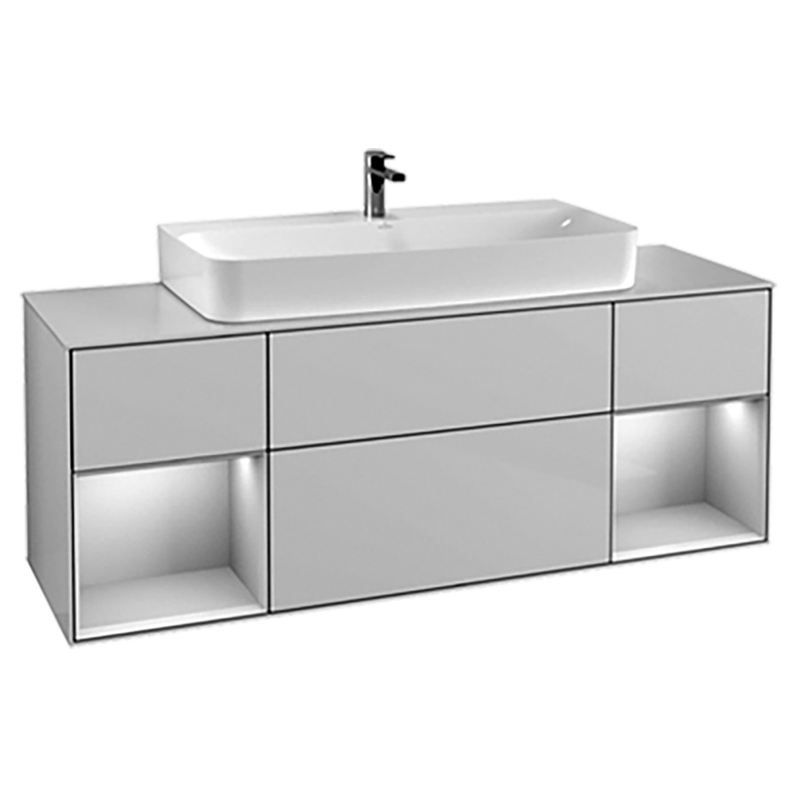 Élément inférieur FINION
160,0 x 60,3 x 50,1 cm
pour lavabo Finion 212 517/518
519/523/524/525/527/530/531
3 éléments, 1x 2 tiroirs
2x 1 tiroir et 1 niche ouverte
recouvrement blanc, éclairage
LED, fonction Emotion