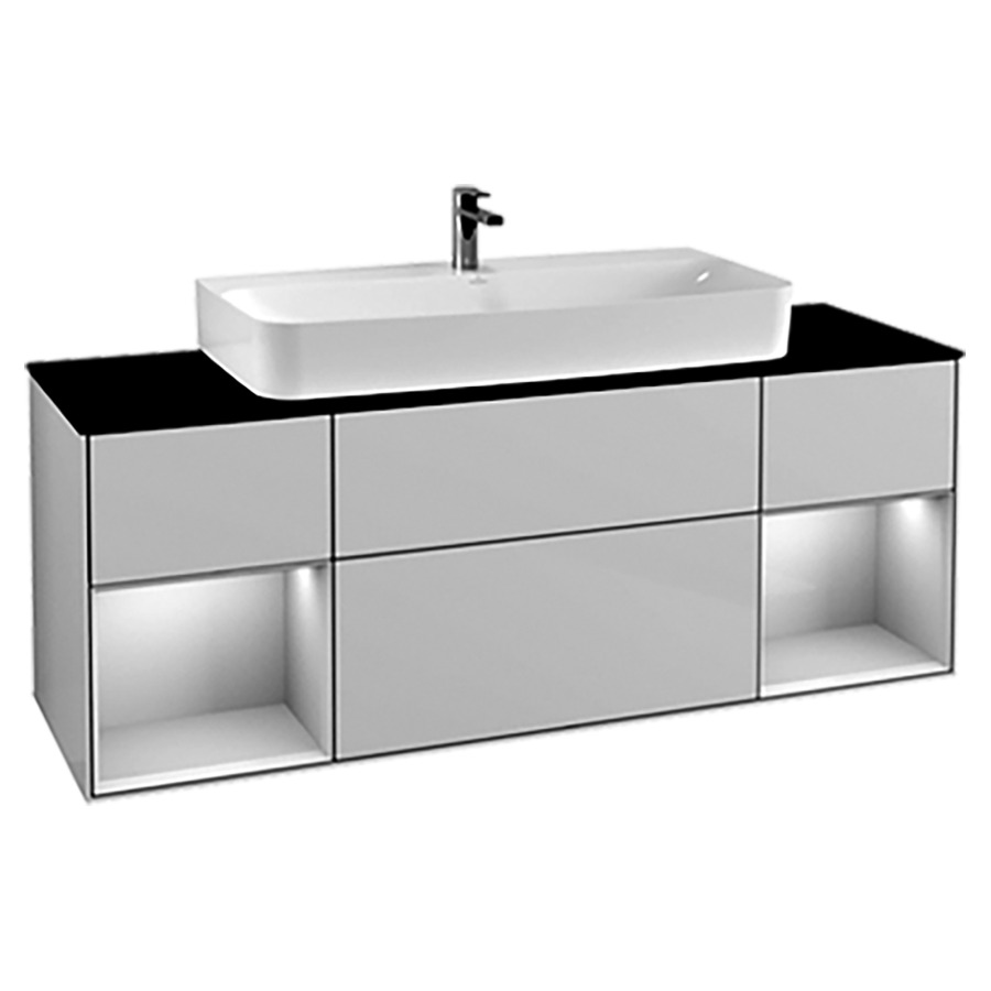 Élément inférieur FINION
160,0 x 60,3 x 50,1 cm
pour lavabo Finion 212 517/518
519/523/524/525/527/530/531
3 éléments, 1x 2 tiroirs
2x 1 tiroir et 1 niche ouverte
recouvrement noir, éclairage
LED, fonction Emotion
