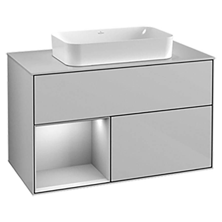 Élément inférieur FINION
100,0 x 60,3 x 50,1 cm
pour lavabo à poser Finion
212 547, élément à 2 tiroirs
1 niche ouverte à gauche
recouvrement blanc, éclairage
LED, fonction Emotion