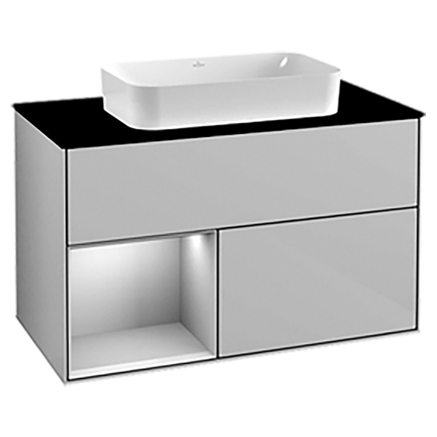 Élément inférieur FINION
100,0 x 60,3 x 50,1 cm
pour lavabo à poser Finion
212 547, élément à 2 tiroirs
1 niche ouverte à gauche
recouvrement noir, éclairage
LED, fonction Emotion