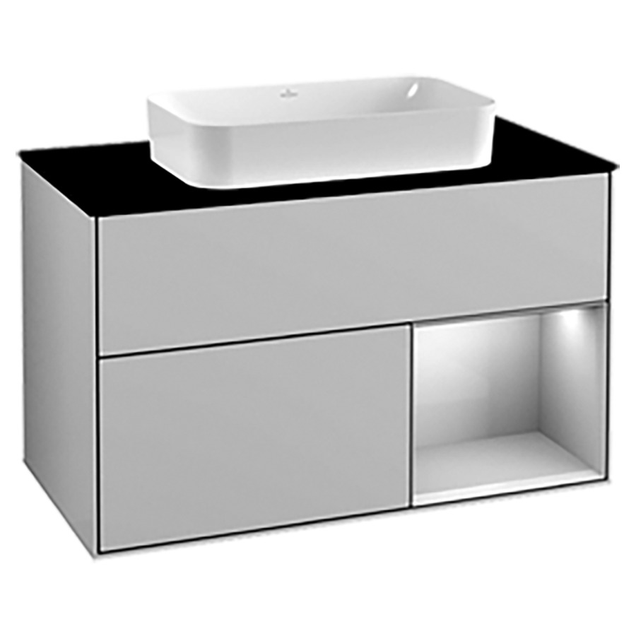 Élément inférieur FINION
100,0 x 60,3 x 50,1 cm
pour lavabo à poser Finion
212 547, élément à 2 tiroirs
1 niche ouverte à droite
recouvrement noir, éclairage
LED, fonction Emotion