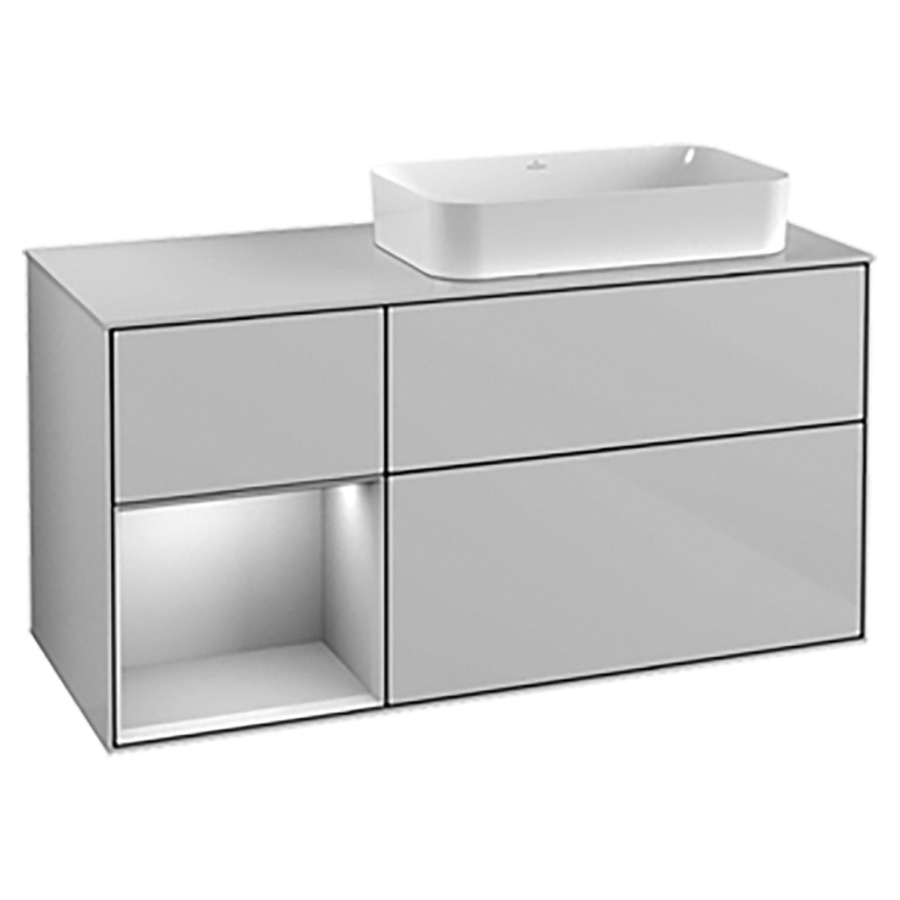 Élément inférieur FINION
120,0 x 60,3 x 50,1 cm
lavabo à droite, pour lavabo
à poser Finion 212 547
2 éléments, 1x 2 tiroirs
1x 1 tiroir et 1 niche ouverte
à gauche, recouvrement blanc
éclairage LED
fonction Emotion