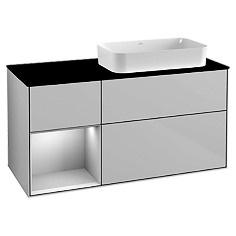 Élément inférieur FINION
120,0 x 60,3 x 50,1 cm
lavabo à droite, pour lavabo
à poser Finion 212 547
2 éléments, 1x 2 tiroirs
1x 1 tiroir et 1 niche ouverte
à gauche, recouvrement noir
éclairage LED
fonction Emotion
