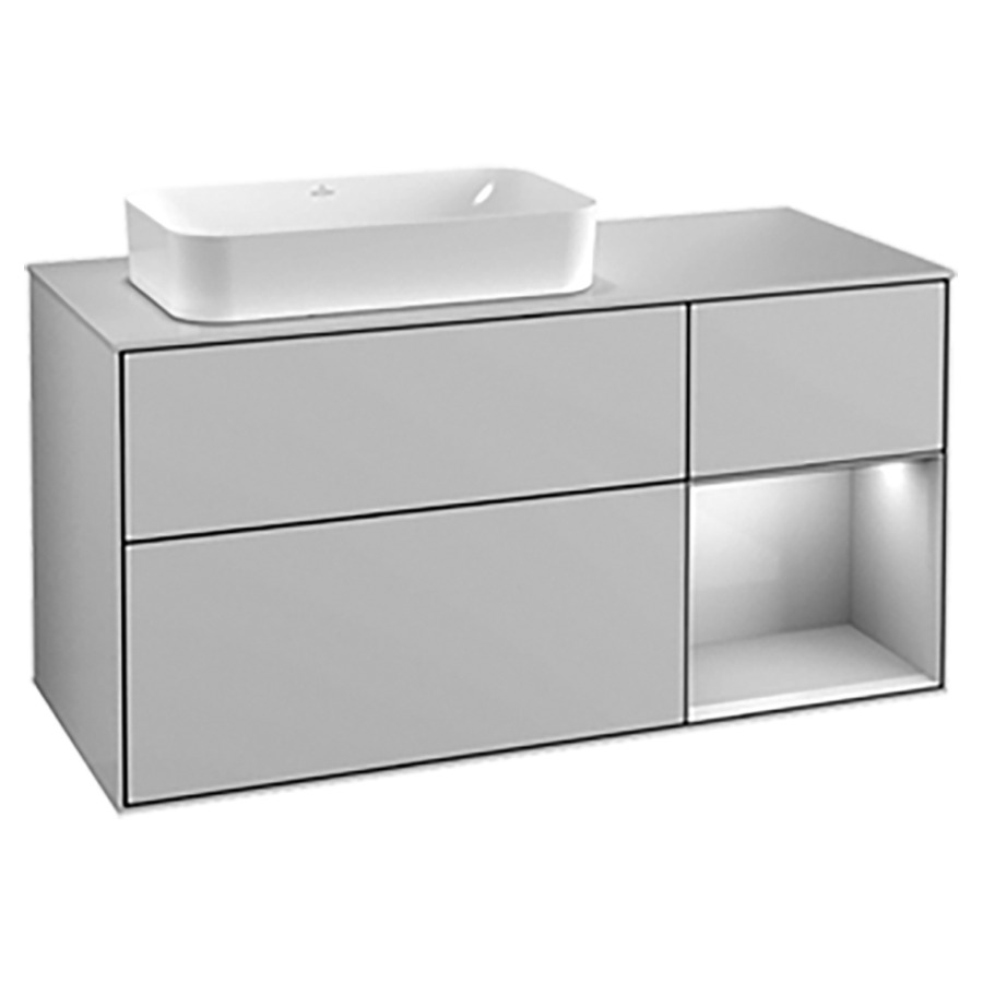 Élément inférieur FINION
120,0 x 60,3 x 50,1 cm
lavabo à gauche, pour lavabo
à poser Finion 212 547
2 éléments, 1x 2 tiroirs
1x 1 tiroir et 1 niche ouverte
à droite, recouvrement blanc
éclairage LED