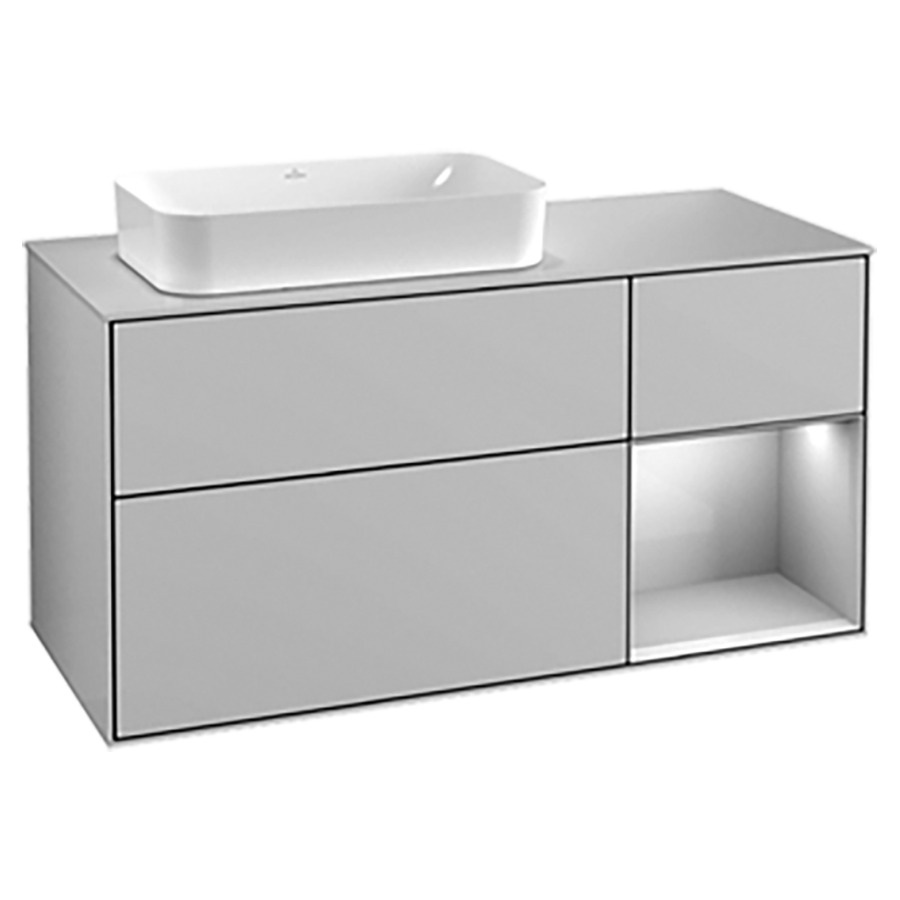 Élément inférieur FINION
120,0 x 60,3 x 50,1 cm
lavabo à gauche, pour lavabo
à poser Finion 212 547
2 éléments, 1x 2 tiroirs
1x 1 tiroir et 1 niche ouverte
à droite, recouvrement blanc
éclairage LED
fonction Emotion