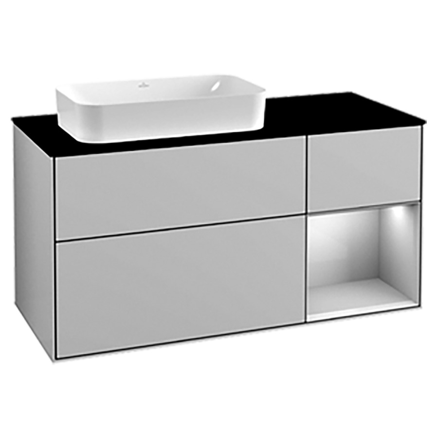 Élément inférieur FINION
120,0 x 60,3 x 50,1 cm
lavabo à gauche, pour lavabo
à poser Finion 212 547
2 éléments, 1x 2 tiroirs
1x 1 tiroir et 1 niche ouverte
à droite, recouvrement noir
éclairage LED
fonction Emotion