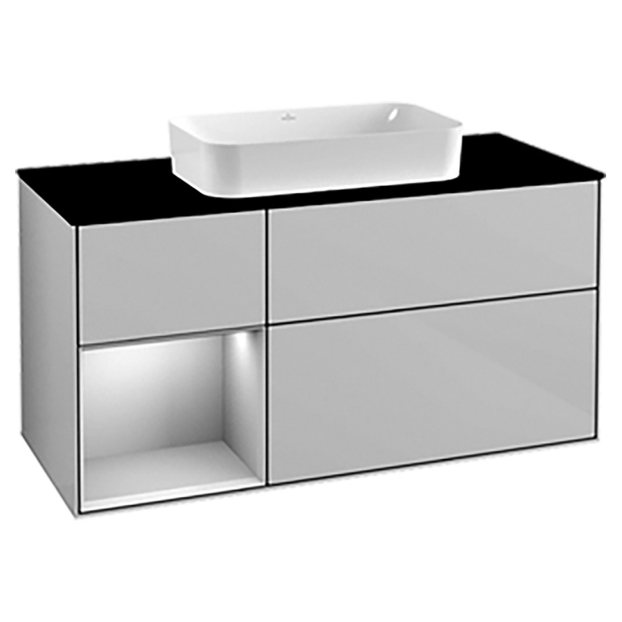 Élément inférieur FINION
120,0 x 60,3 x 50,1 cm
pour lavabo à poser
Finion 212 547, 2 éléments
1x 2 tiroirs, 1x 1 tiroir et
1 niche ouverte à gauche
recouvrement noir
éclairage LED
