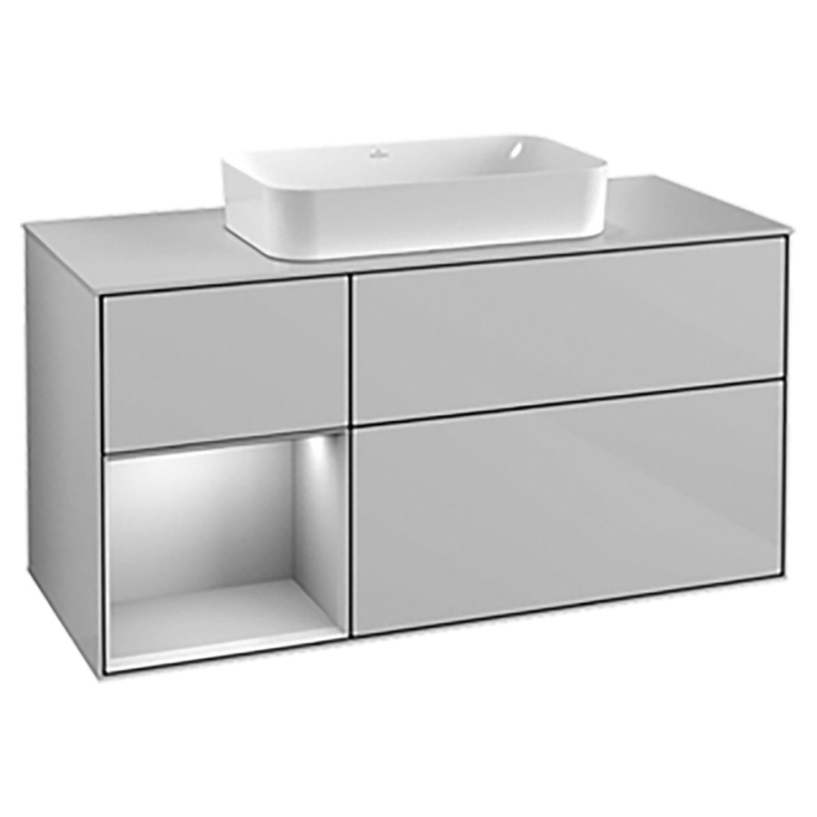 Élément inférieur FINION
120,0 x 60,3 x 50,1 cm
pour lavabo à poser
Finion 212 547, 2 éléments
1x 2 tiroirs, 1x 1 tiroir et
1 niche ouverte à gauche
recouvrement blanc, éclairage
LED, fonction Emotion