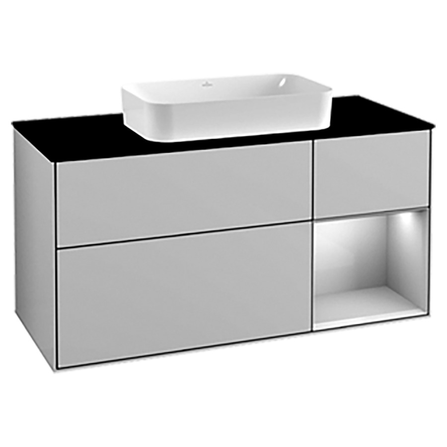 Élément inférieur FINION
120,0 x 60,3 x 50,1 cm
pour lavabo à poser
Finion 212 547, 2 éléments
1x 2 tiroirs, 1x 1 tiroir et
1 niche ouverte à droite
recouvrement noir
éclairage LED