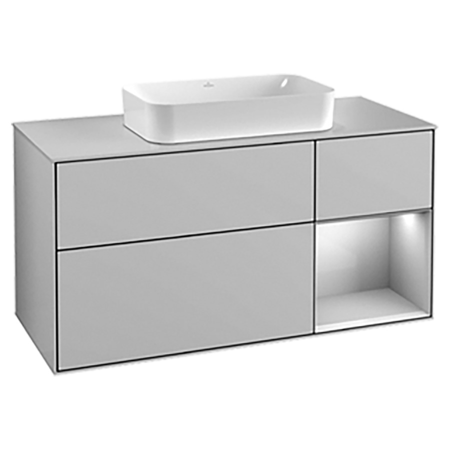 Élément inférieur FINION
120,0 x 60,3 x 50,1 cm
pour lavabo à poser
Finion 212 547, 2 éléments
1x 2 tiroirs, 1x 1 tiroir et
1 niche ouverte à droite
recouvrement blanc, éclairage
LED, fonction Emotion