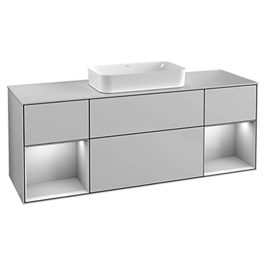 Élément inférieur FINION
160,0 x 60,3 x 50,1 cm
pour lavabo à poser Finion 212
547, 3 éléments, 1x 2 tiroirs
2x 1 tiroir et 1 niche ouverte
recouvrement blanc
éclairage LED