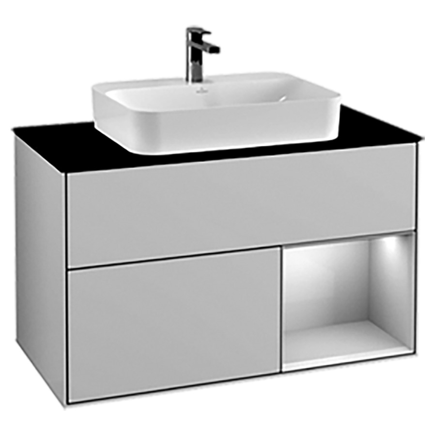 Élément inférieur FINION
100,0 x 60,3 x 50,1 cm
pour lavabo à poser Finion
212 548/549/550
élément à 2 tiroirs, 1 niche
ouverte à droite
recouvrement noir
éclairage LED