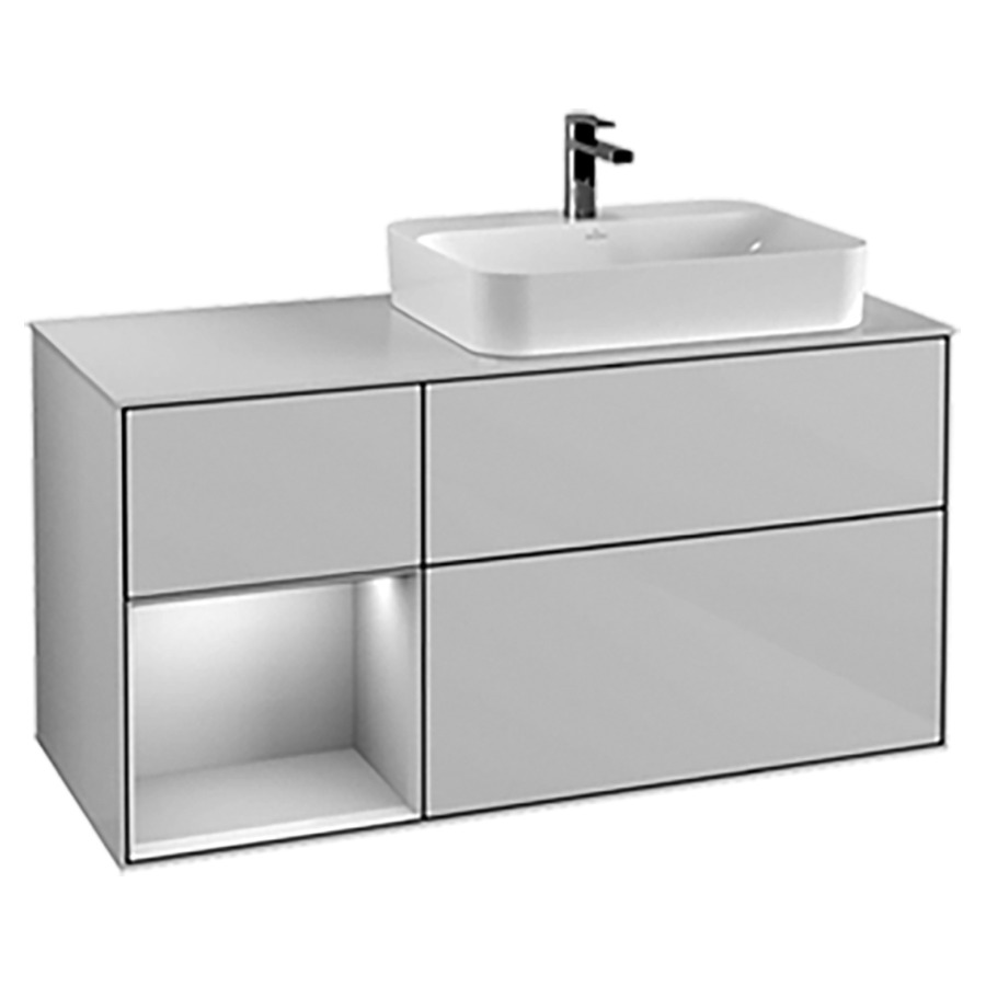 Élément inférieur FINION
120,0 x 60,3 x 50,1 cm
lavabo à droite, pour lavabo
à poser Finion 212 548/549/550
2 éléments, 1x 2 tiroirs
1x 1 tiroir et 1 niche ouverte
à gauche, recouvrement blanc
éclairage LED