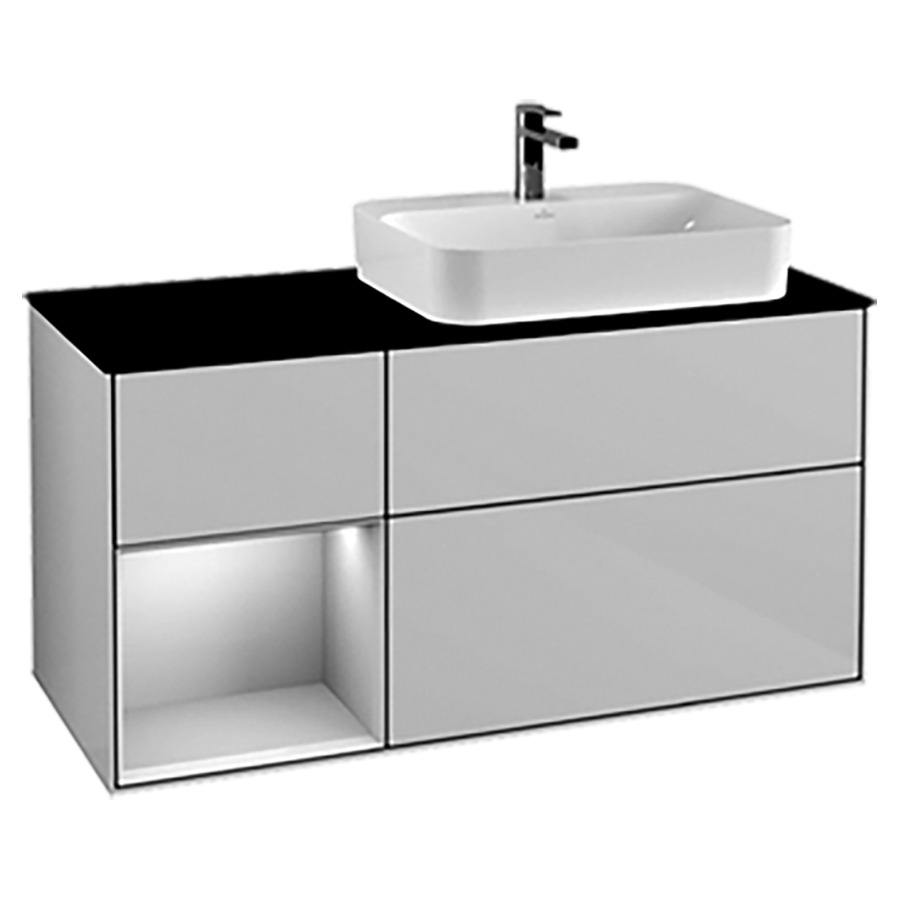 Élément inférieur FINION
120,0 x 60,3 x 50,1 cm
lavabo à droite, pour lavabo
à poser Finion 212 548/549/550
2 éléments, 1x 2 tiroirs
1x 1 tiroir et 1 niche ouverte
à gauche, recouvrement noir
éclairage LED