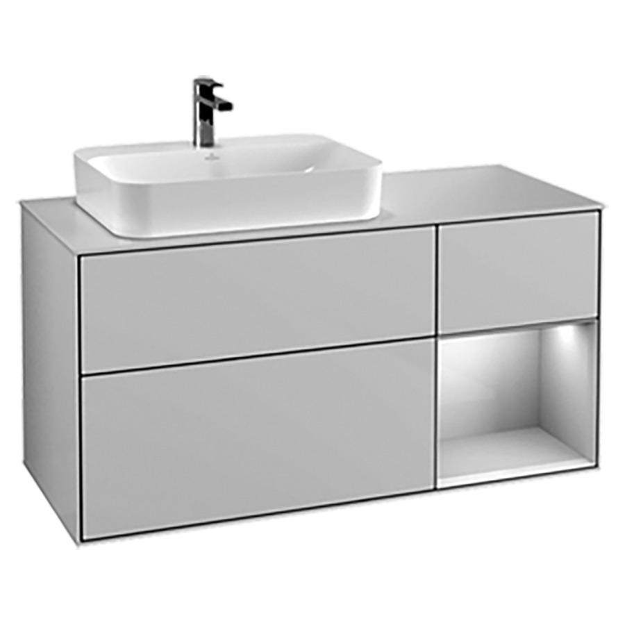 Élément inférieur FINION
120,0 x 60,3 x 50,1 cm
lavabo à gauche, pour lavabo
à poser Finion 212 548/549/550
2 éléments, 1x 2 tiroirs
1x 1 tiroir et 1 niche ouverte
à droite, recouvrement blanc
éclairage LED